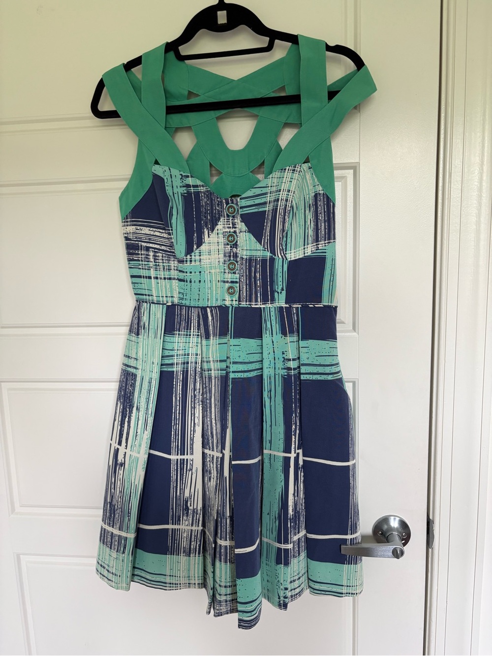 Navy & Mint Plaid Fit-and-Flare Dress